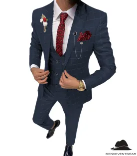 Formal Mens Suit 3 Pieces Business Plaid Solid Peak Lapel Tuxedos (Blazer Vest Pants)