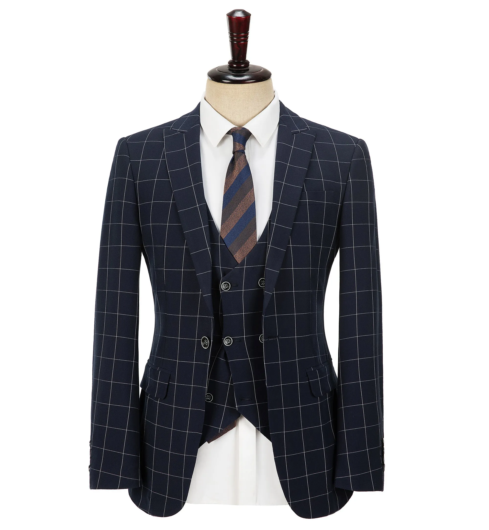 Formal Mens Suit 3 Pieces Business Plaid Solid Peak Lapel Tuxedos (Blazer Vest Pants)