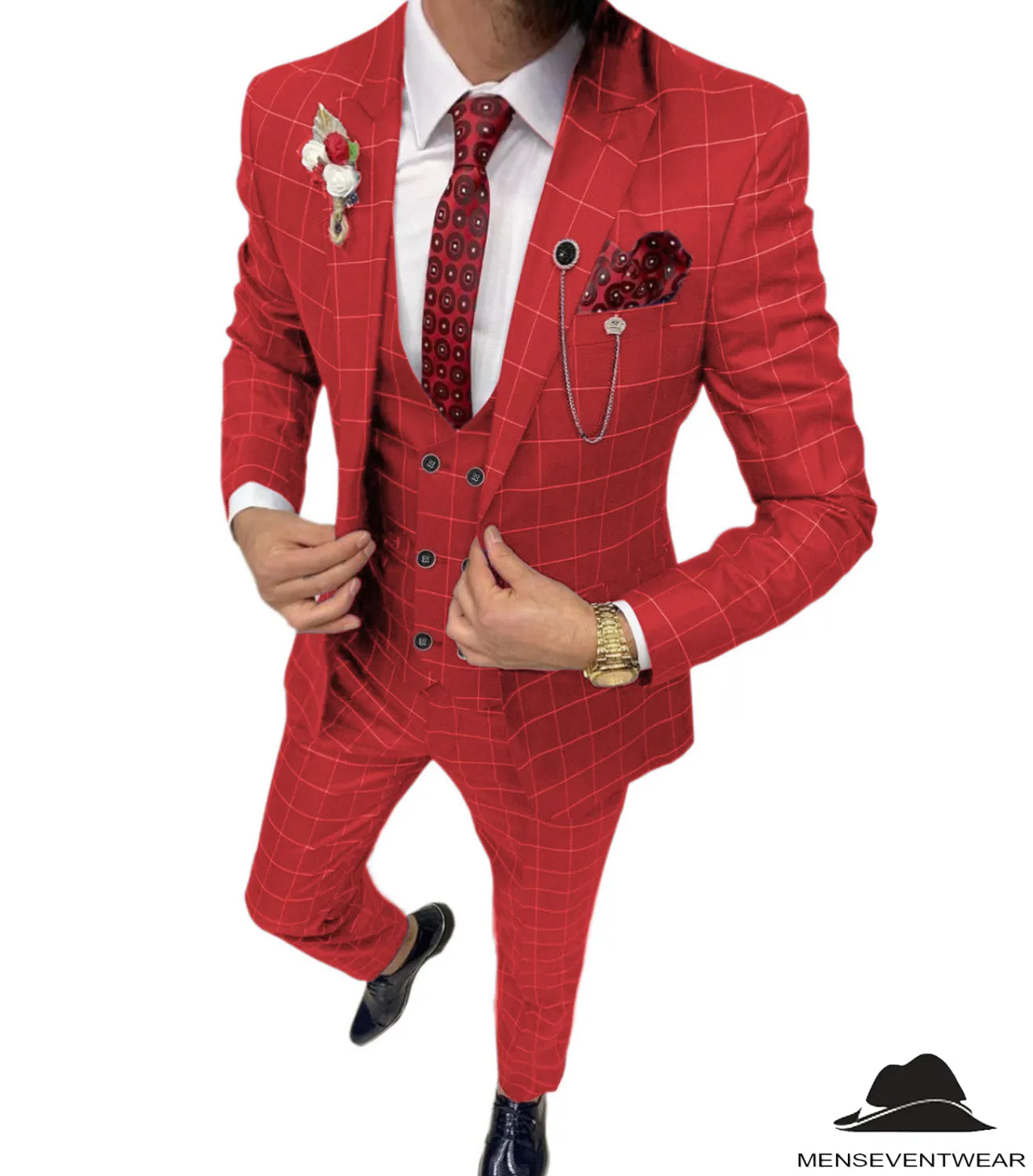 Formal Mens Suit 3 Pieces Business Plaid Solid Peak Lapel Tuxedos (Blazer Vest Pants)