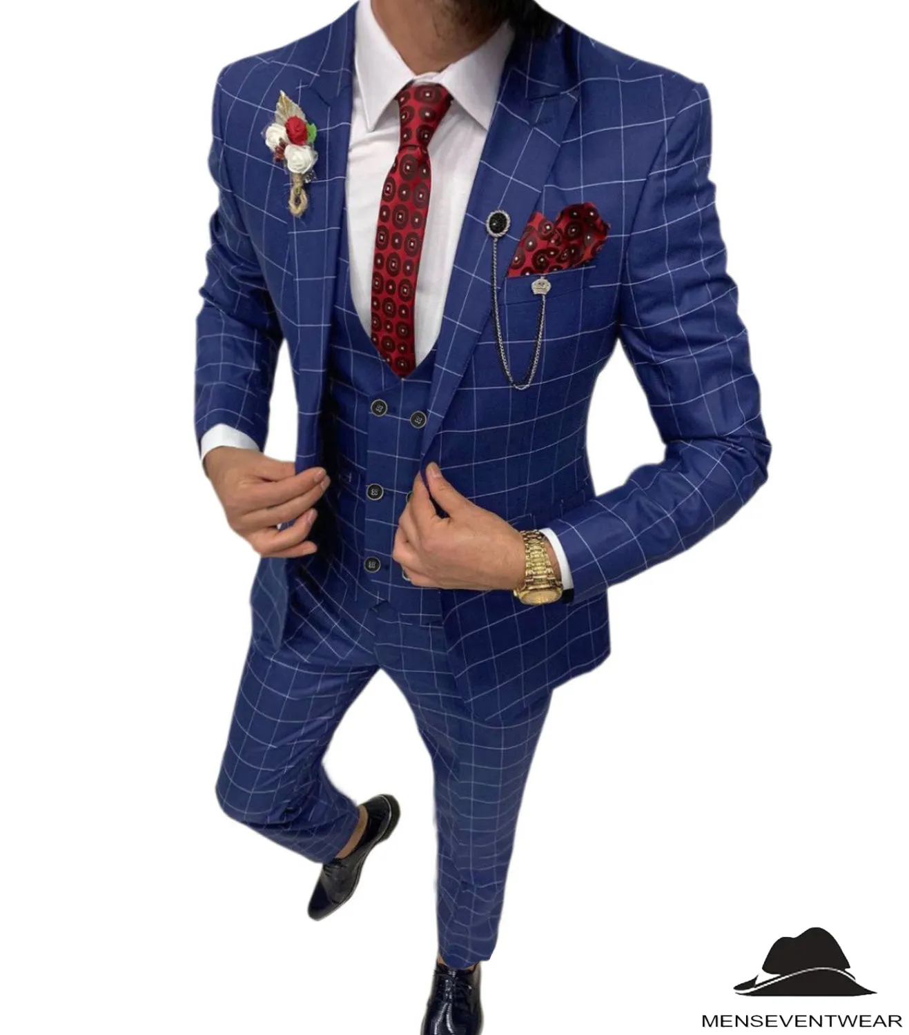 Formal Mens Suit 3 Pieces Business Plaid Solid Peak Lapel Tuxedos (Blazer Vest Pants)
