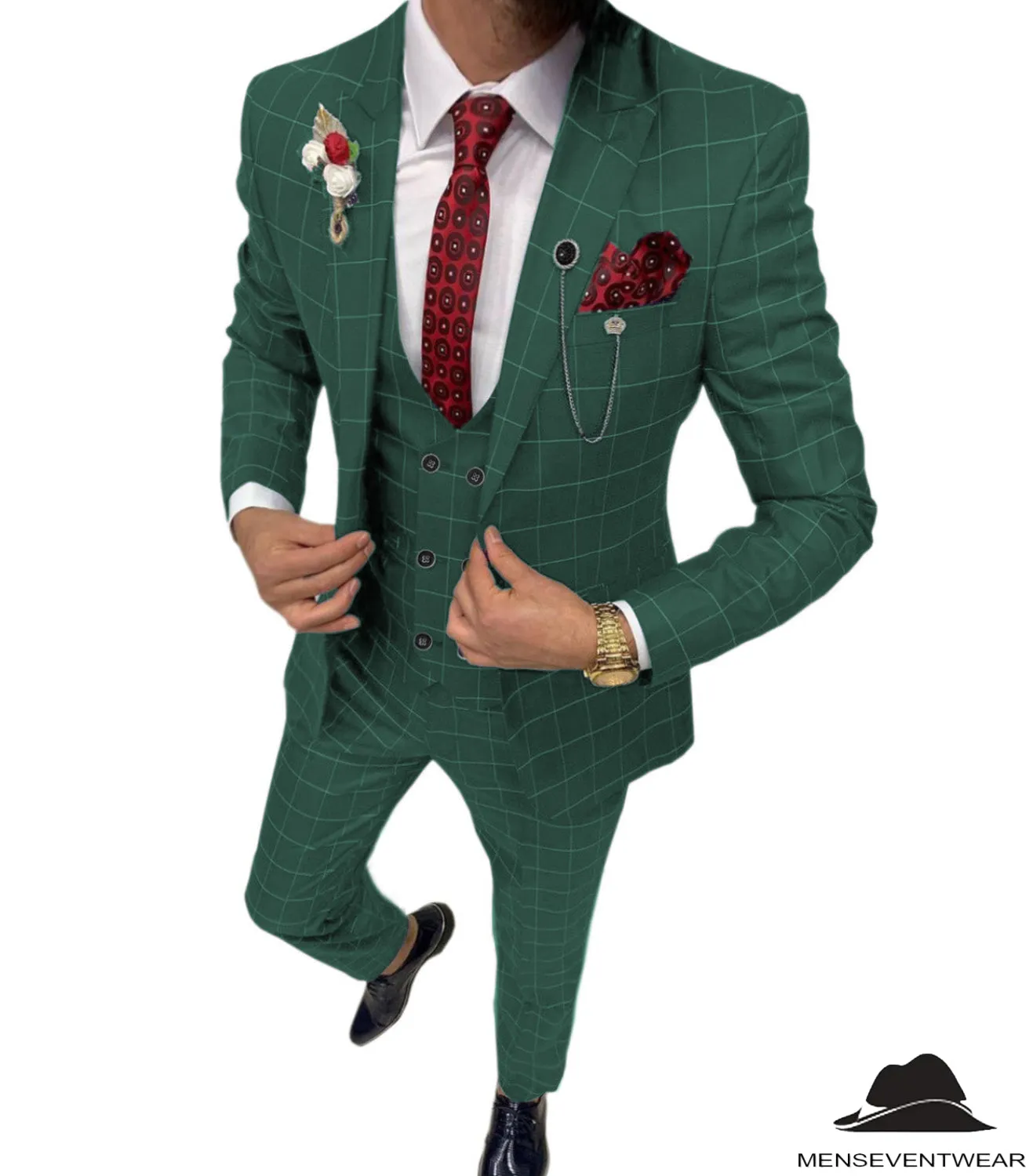 Formal Mens Suit 3 Pieces Business Plaid Solid Peak Lapel Tuxedos (Blazer Vest Pants)