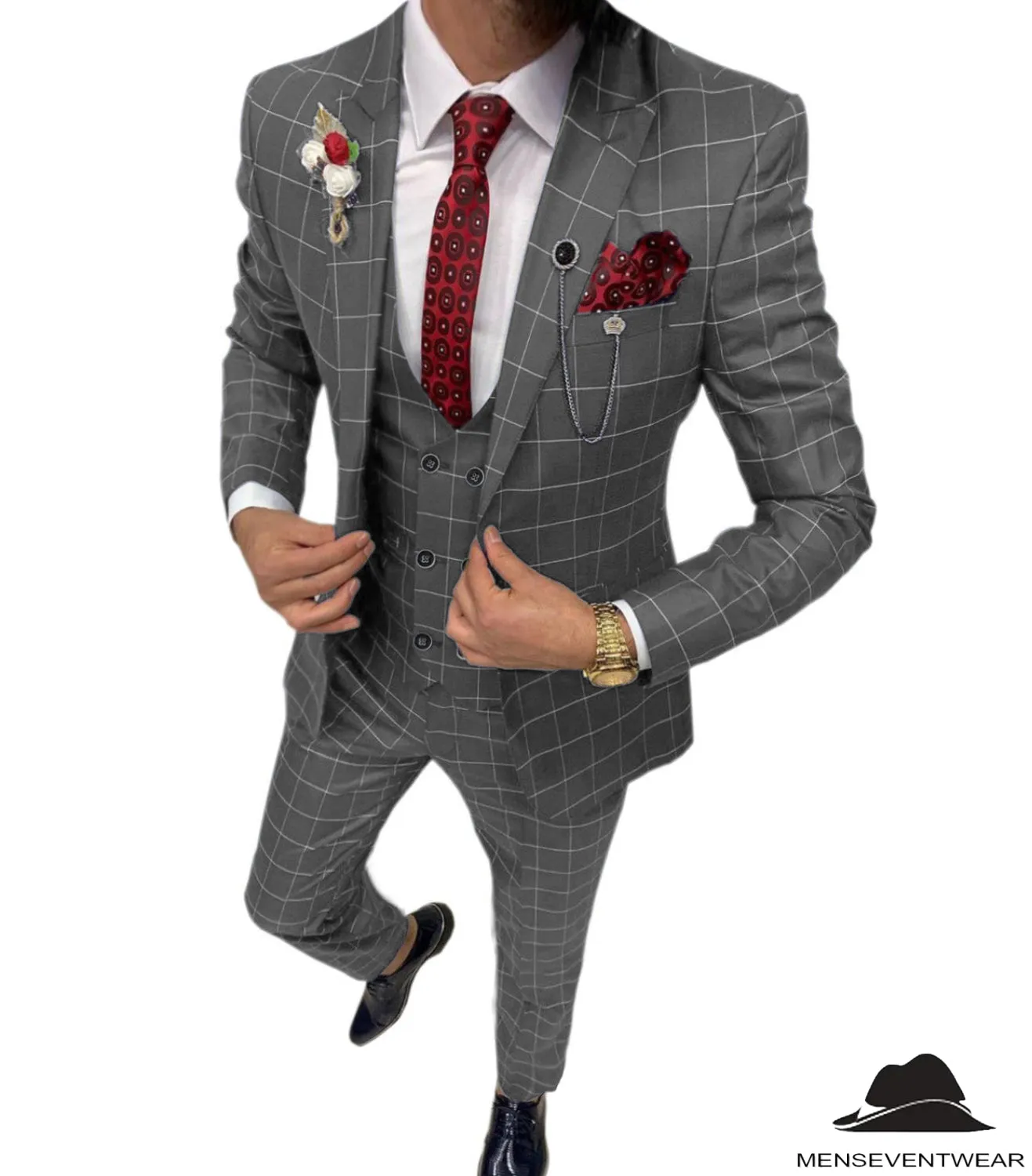 Formal Mens Suit 3 Pieces Business Plaid Solid Peak Lapel Tuxedos (Blazer Vest Pants)