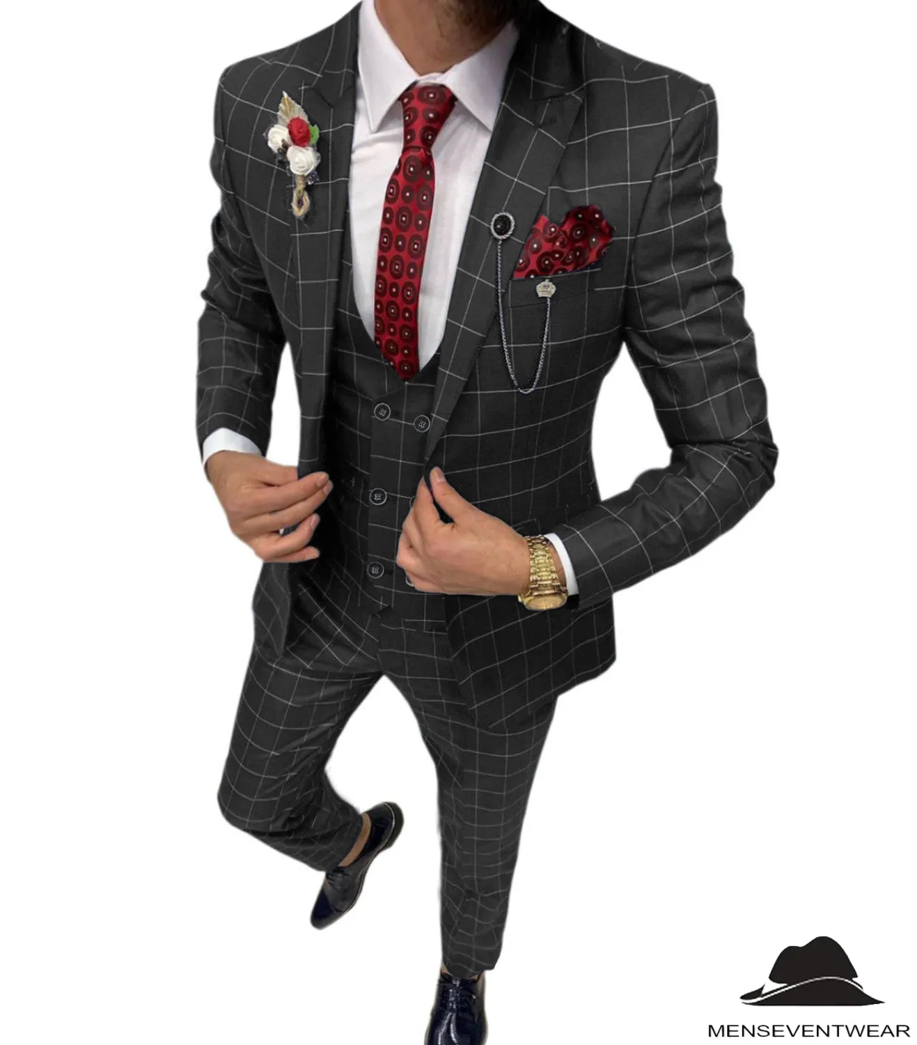 Formal Mens Suit 3 Pieces Business Plaid Solid Peak Lapel Tuxedos (Blazer Vest Pants)
