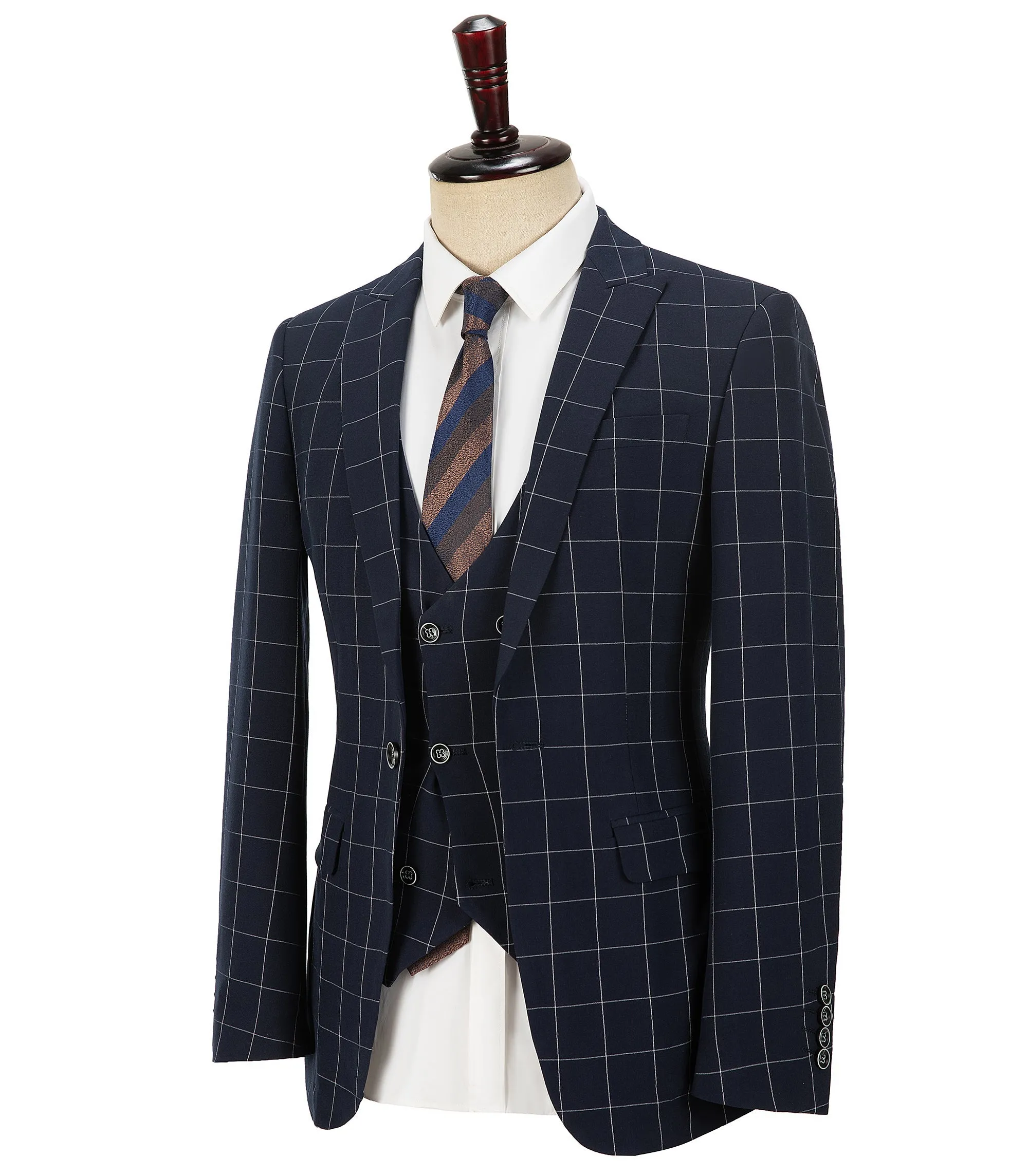 Formal Mens Suit 3 Pieces Business Plaid Solid Peak Lapel Tuxedos (Blazer Vest Pants)