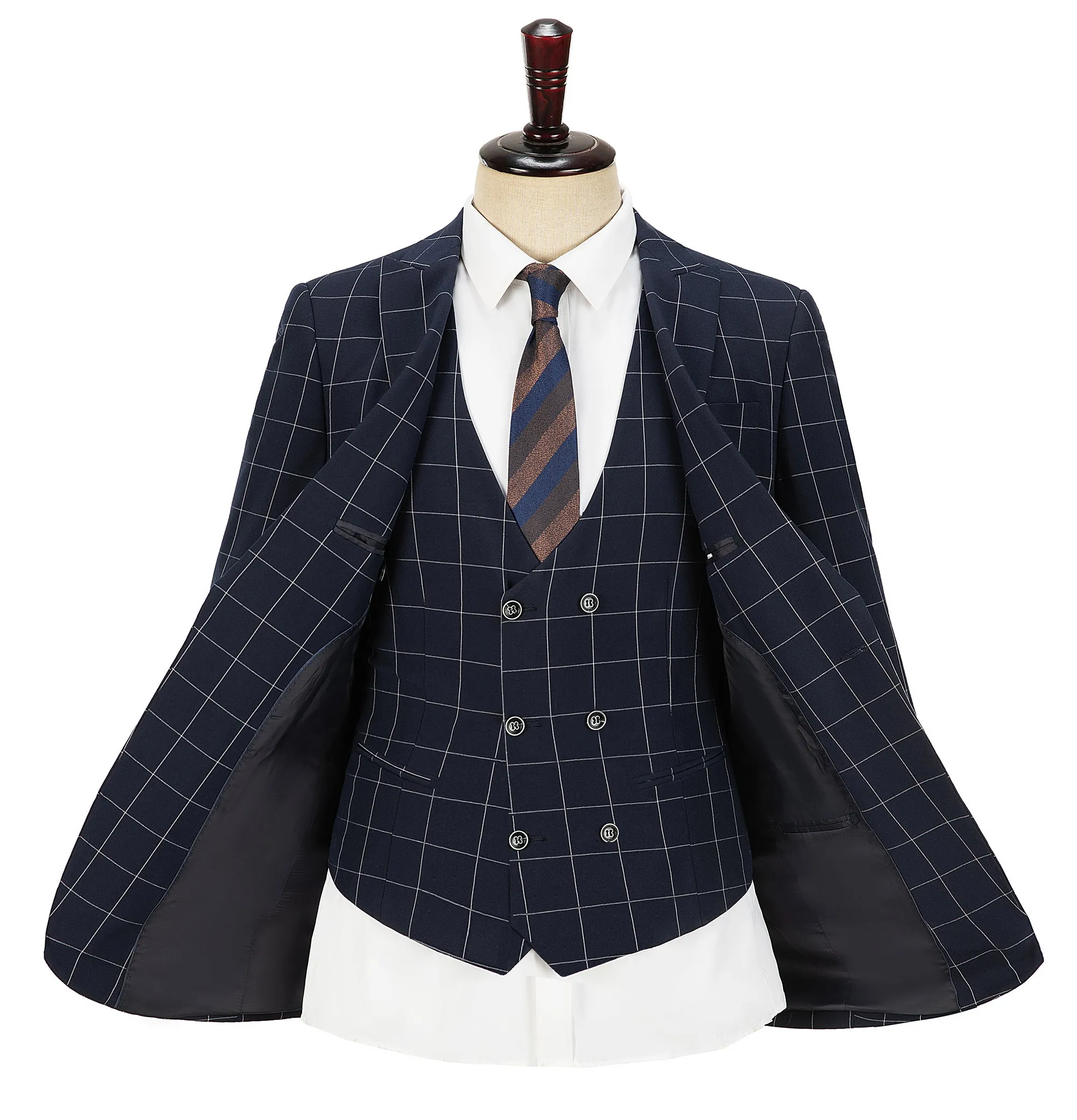 Formal Mens Suit 3 Pieces Business Plaid Solid Peak Lapel Tuxedos (Blazer Vest Pants)