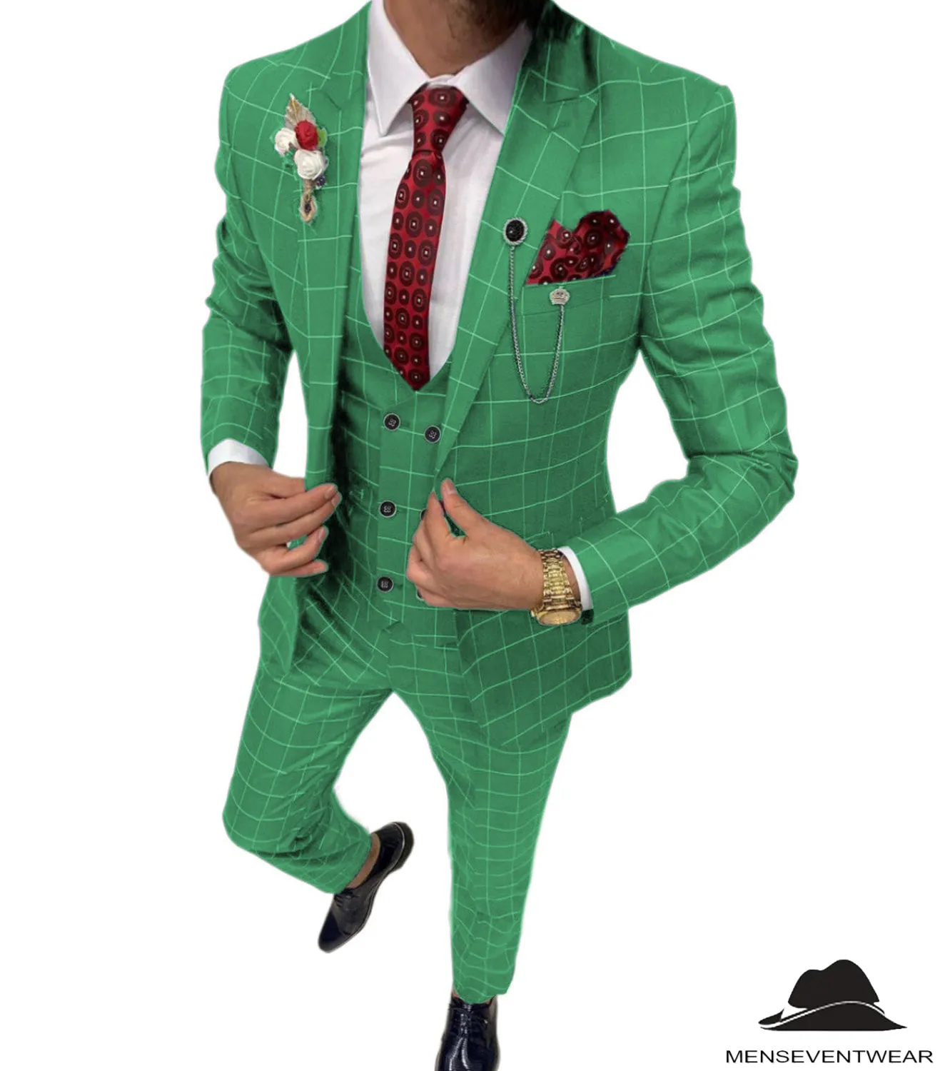 Formal Mens Suit 3 Pieces Business Plaid Solid Peak Lapel Tuxedos (Blazer Vest Pants)