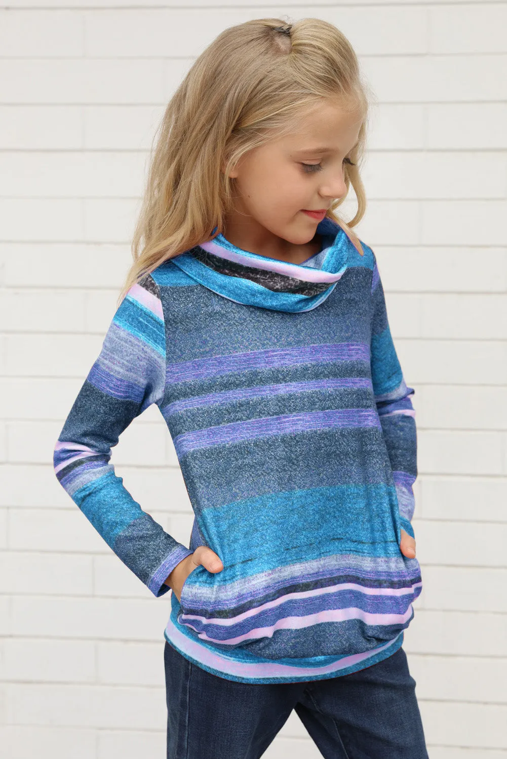 Girls Long Sleeve Mock Neck Striped Top