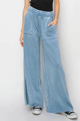 Gray Blue High Rise Wide Leg Drawstring Pants