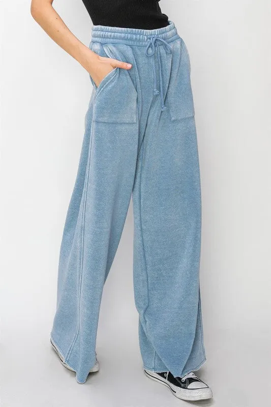 Gray Blue High Rise Wide Leg Drawstring Pants
