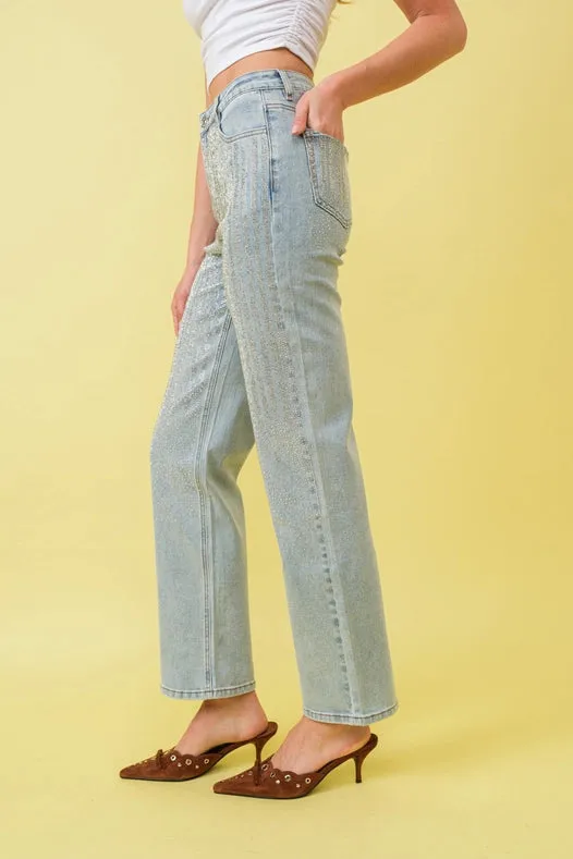 High Rise Rhinestone Suds At Front Jeans