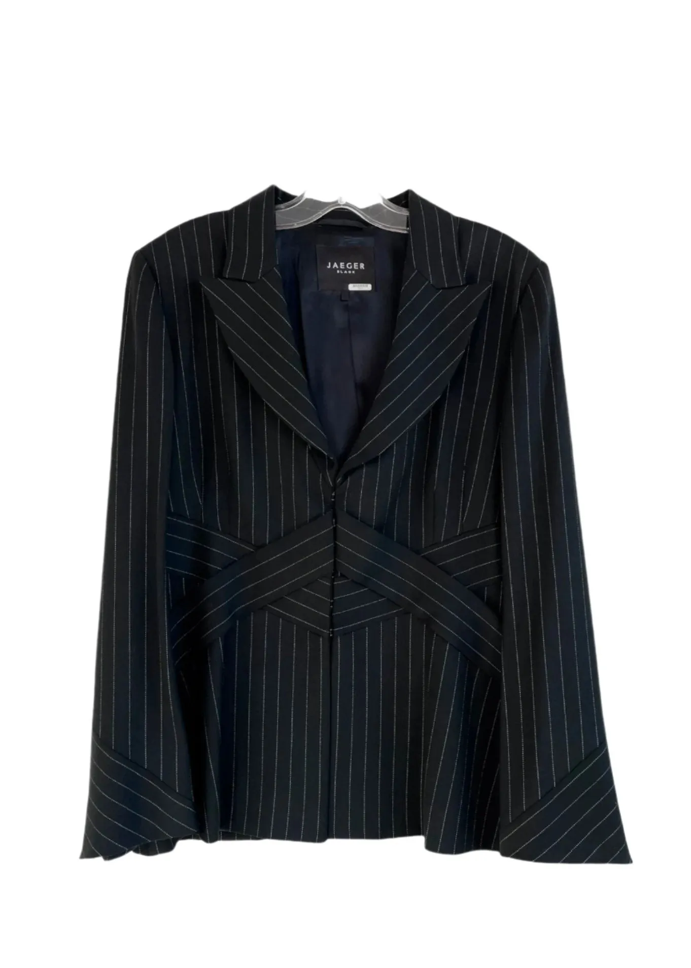 JAEGER BLACK Women's black pinstripe pantsuit "X" detail waist peak lapel slight bell sleeve, 12