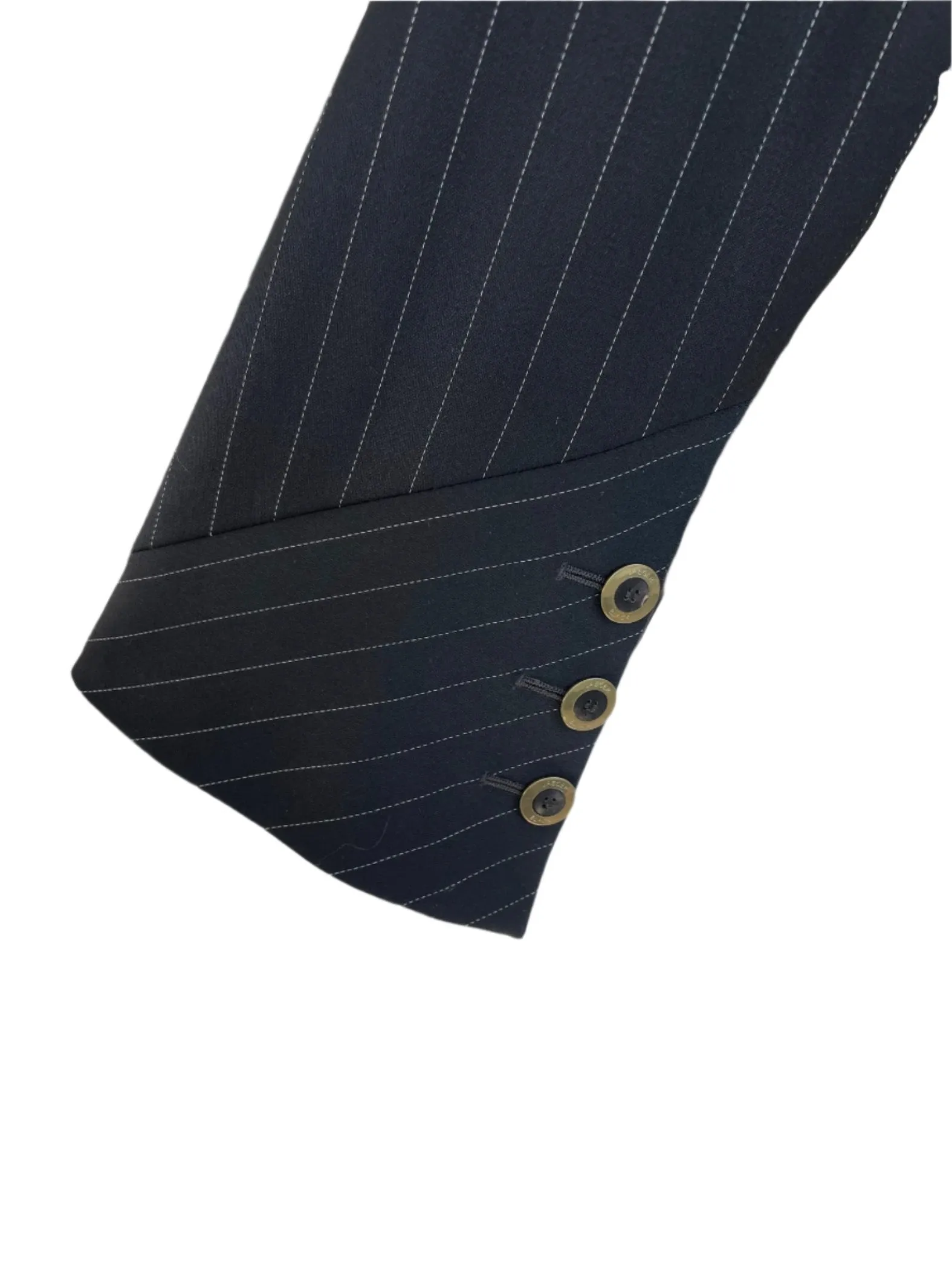 JAEGER BLACK Women's black pinstripe pantsuit "X" detail waist peak lapel slight bell sleeve, 12