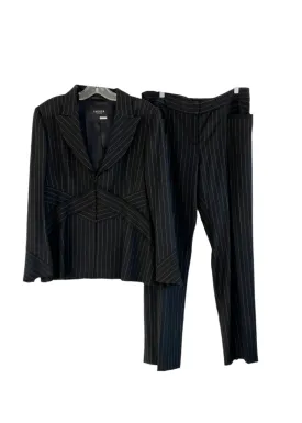 JAEGER BLACK Women's black pinstripe pantsuit "X" detail waist peak lapel slight bell sleeve, 12