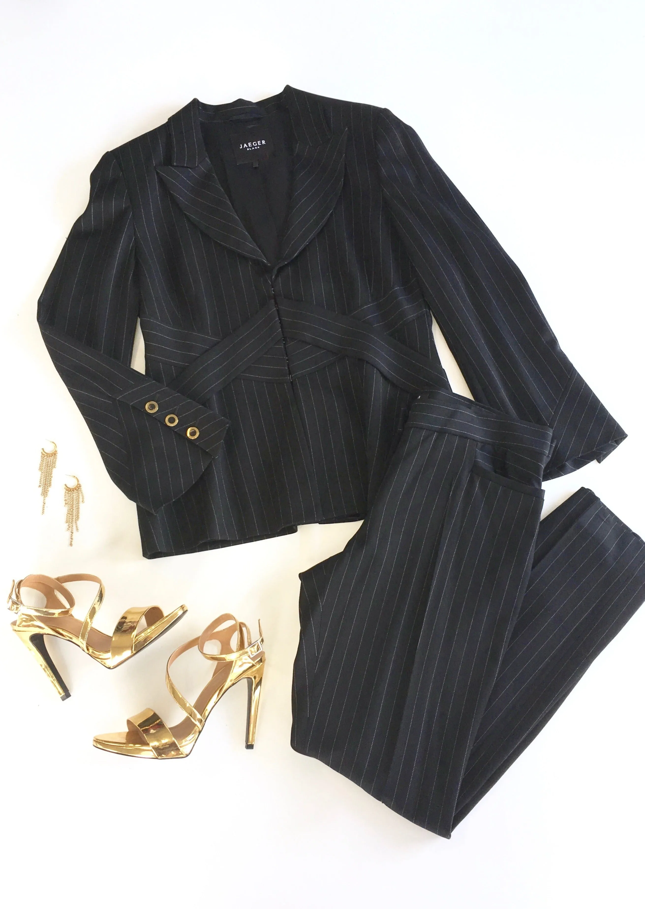 JAEGER BLACK Women's black pinstripe pantsuit "X" detail waist peak lapel slight bell sleeve, 12