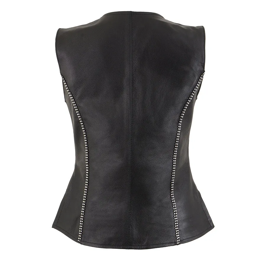 Ladies Black Leather V Neck Zippered Vest with Rhinestone Bling Detail