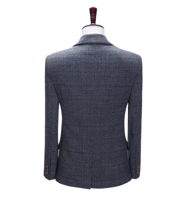 Men's 2 Pieces Formal Navy Plaid Notch Lapel Tuxedos for Wedding(Blazer Pants)