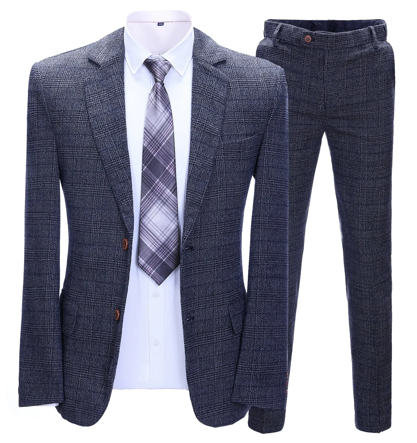 Men's 2 Pieces Formal Navy Plaid Notch Lapel Tuxedos for Wedding(Blazer Pants)