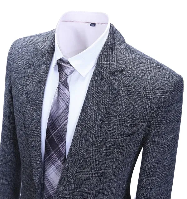 Men's 2 Pieces Formal Navy Plaid Notch Lapel Tuxedos for Wedding(Blazer Pants)