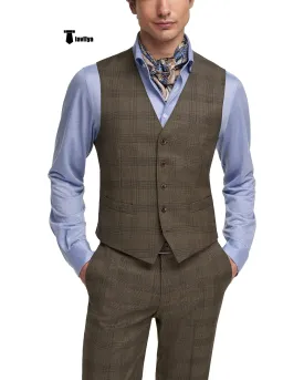Mens Business 2 Pieces Suit Plaid V Neck Vest Suit (Vest Pants)