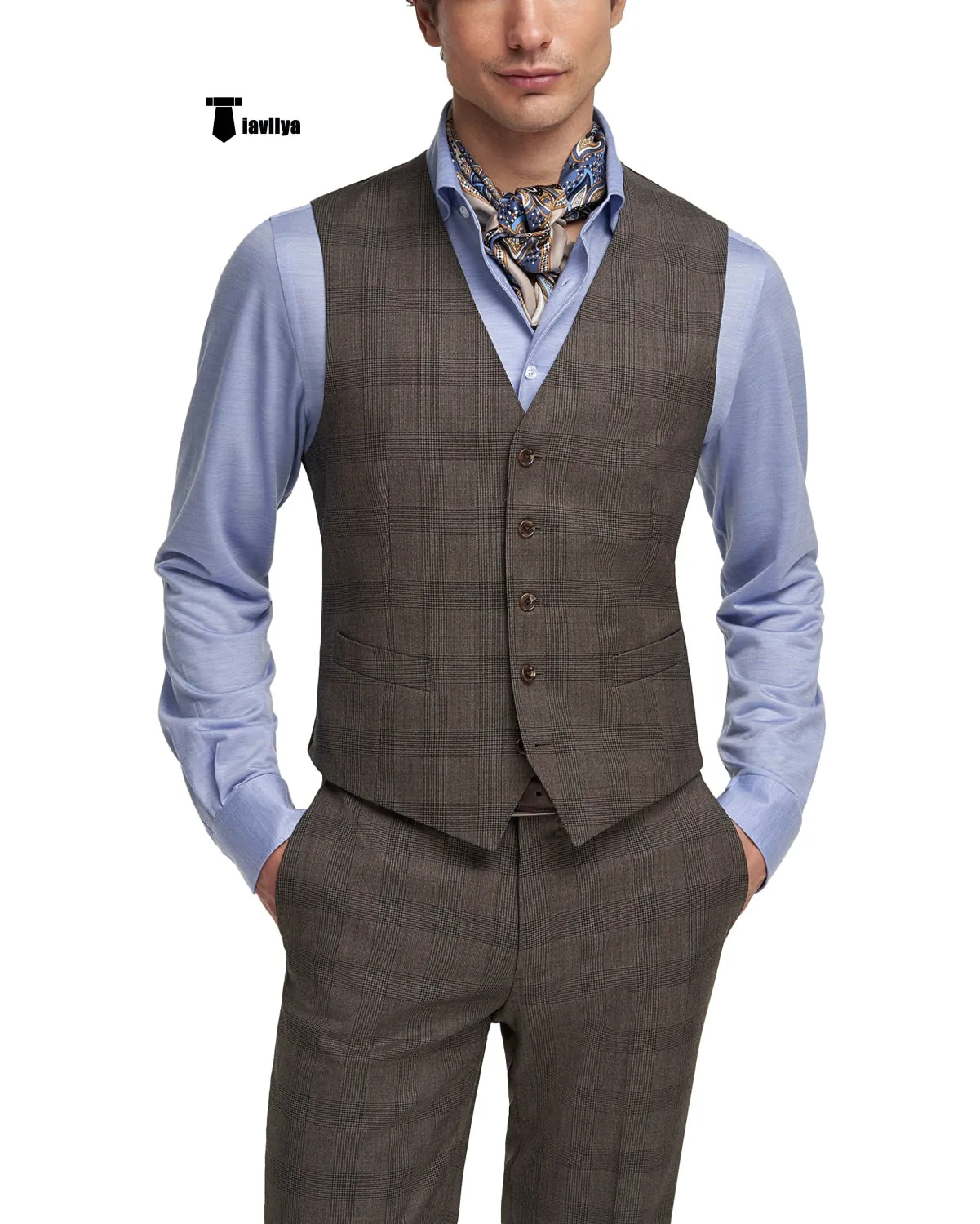 Mens Business 2 Pieces Suit Plaid V Neck Vest Suit (Vest Pants)