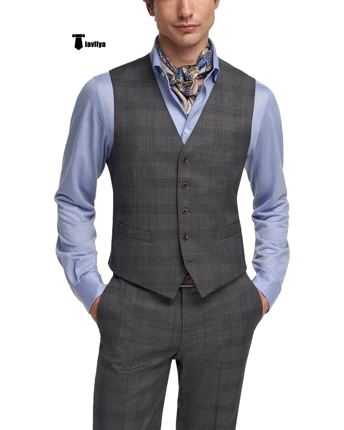 Mens Business 2 Pieces Suit Plaid V Neck Vest Suit (Vest Pants)