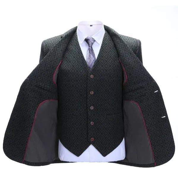Men's Business 3 Pieces Formal Black Plaid Tweed Notch Lapel (Blazer vest Pants)