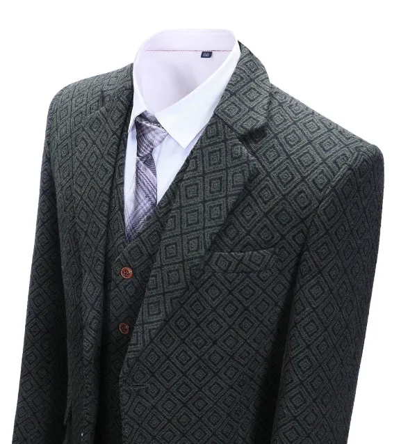 Men's Business 3 Pieces Formal Black Plaid Tweed Notch Lapel (Blazer vest Pants)