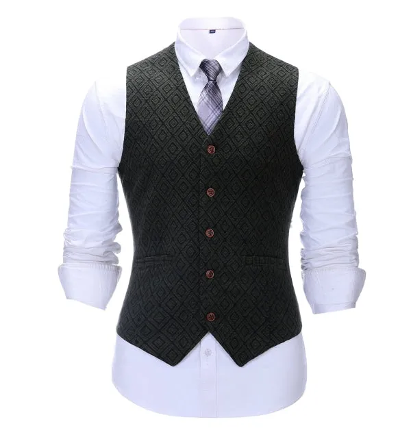 Men's Business 3 Pieces Formal Black Plaid Tweed Notch Lapel (Blazer vest Pants)