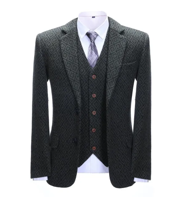 Men's Business 3 Pieces Formal Black Plaid Tweed Notch Lapel (Blazer vest Pants)