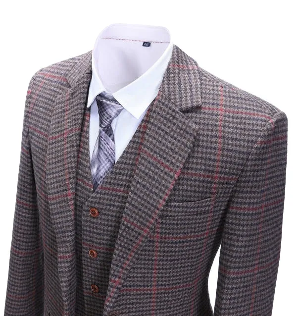 Men's Business 3 Pieces Formal Coffee Plaid Notch Lapel Suit (Blazer vest Pants)