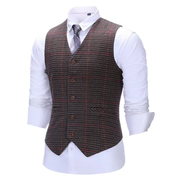 Men's Business 3 Pieces Formal Coffee Plaid Notch Lapel Suit (Blazer vest Pants)