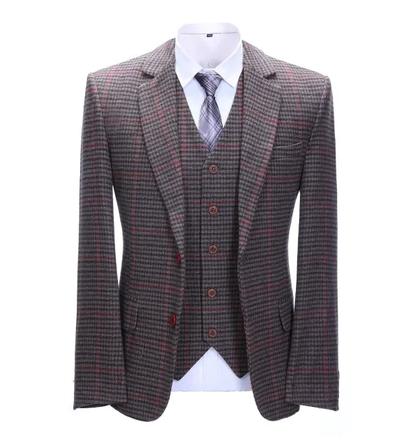 Men's Business 3 Pieces Formal Coffee Plaid Notch Lapel Suit (Blazer vest Pants)