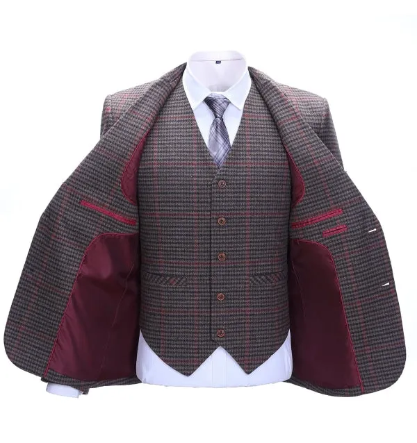 Men's Business 3 Pieces Formal Coffee Plaid Notch Lapel Suit (Blazer vest Pants)