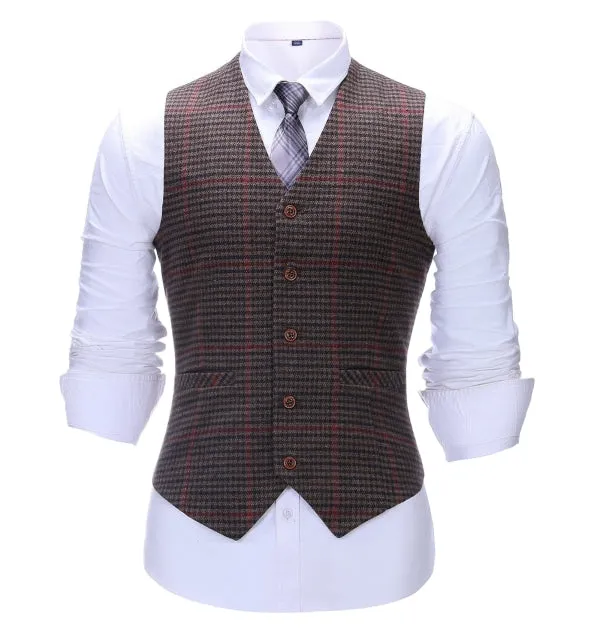 Men's Business 3 Pieces Formal Coffee Plaid Notch Lapel Suit (Blazer vest Pants)