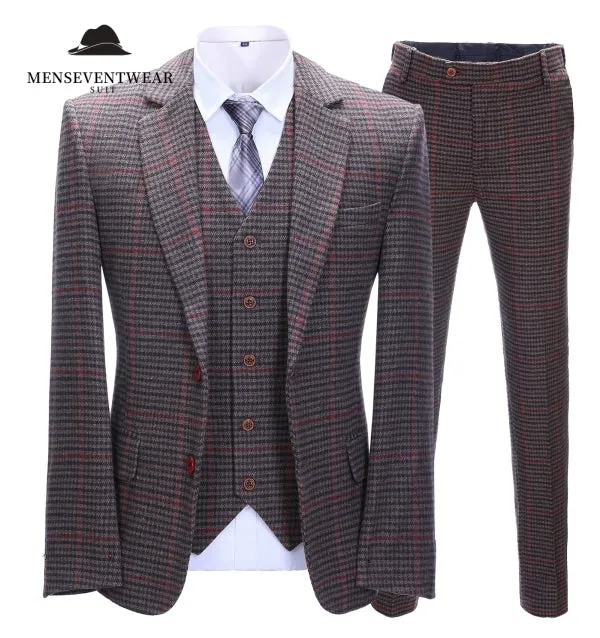 Men's Business 3 Pieces Formal Coffee Plaid Notch Lapel Suit (Blazer vest Pants)