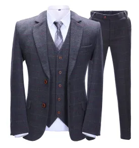 Men's Business 3 Pieces Formal Dark Grey Tweed Plaid Notch Lapel Suit (Blazer vest Pants)