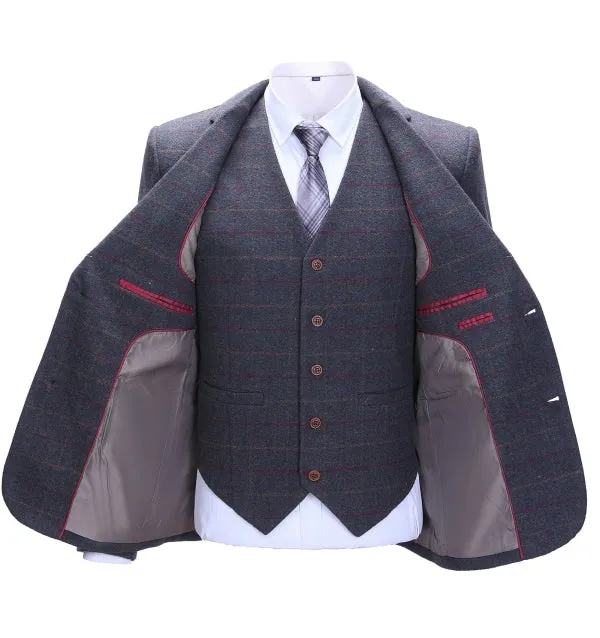 Men's Business 3 Pieces Formal Dark Grey Tweed Plaid Notch Lapel Suit (Blazer vest Pants)
