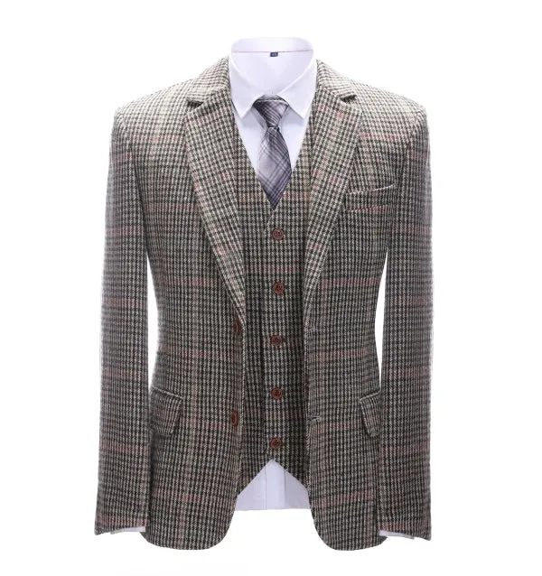 Men's Business 3 Pieces Formal Khaki Plaid Tweed Notch Lapel Suit (Blazer vest Pants)