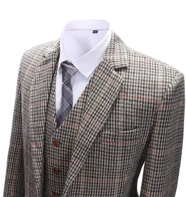Men's Business 3 Pieces Formal Khaki Plaid Tweed Notch Lapel Suit (Blazer vest Pants)