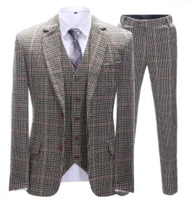 Men's Business 3 Pieces Formal Khaki Plaid Tweed Notch Lapel Suit (Blazer vest Pants)