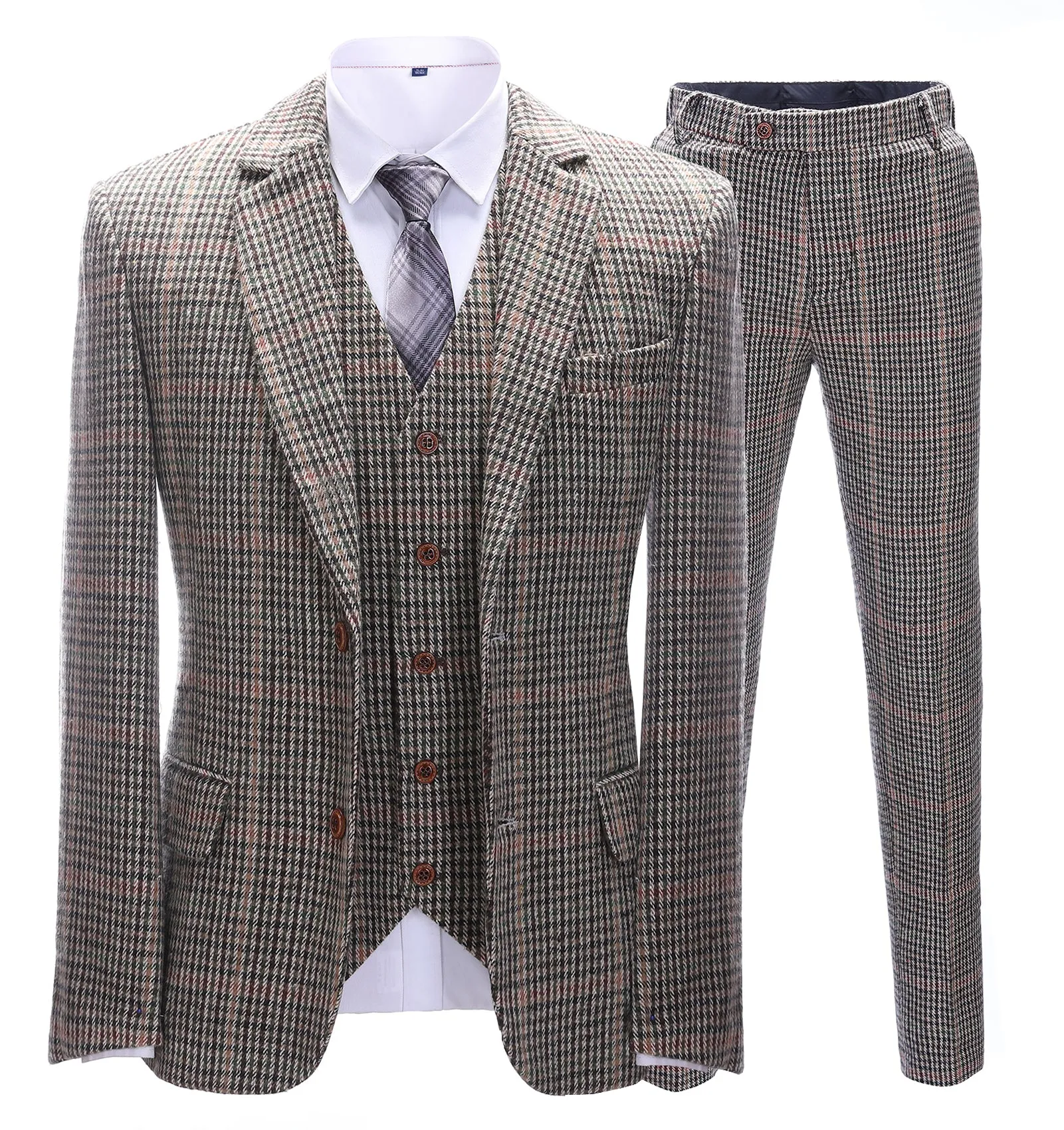 Men's Business 3 Pieces Formal Khaki Plaid Tweed Notch Lapel Suit (Blazer vest Pants)