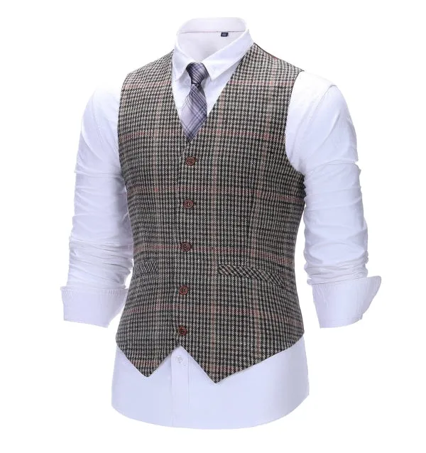 Men's Business 3 Pieces Formal Khaki Plaid Tweed Notch Lapel Suit (Blazer vest Pants)