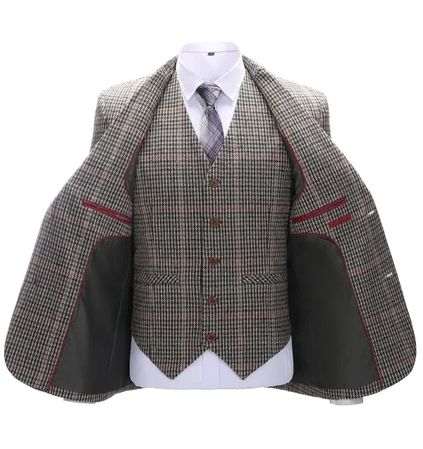 Men's Business 3 Pieces Formal Khaki Plaid Tweed Notch Lapel Suit (Blazer vest Pants)