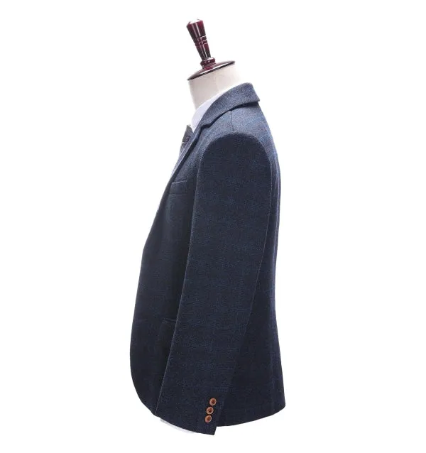 Men's Business 3 Pieces Formal Navy Tweed Notch Lapel Suit (Blazer vest Pants)