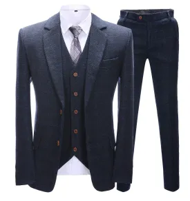 Men's Business 3 Pieces Formal Navy Tweed Notch Lapel Suit (Blazer vest Pants)