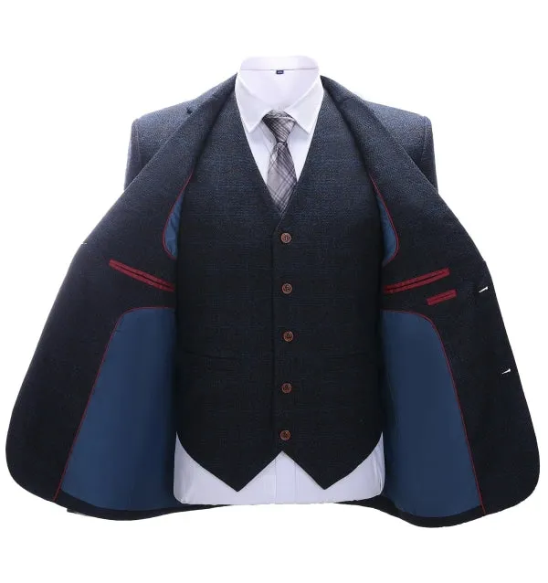 Men's Business 3 Pieces Formal Navy Tweed Notch Lapel Suit (Blazer vest Pants)
