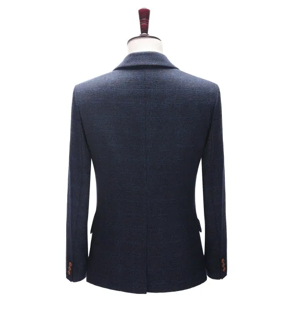 Men's Business 3 Pieces Formal Navy Tweed Notch Lapel Suit (Blazer vest Pants)