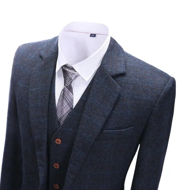 Men's Business 3 Pieces Formal Navy Tweed Notch Lapel Suit (Blazer vest Pants)