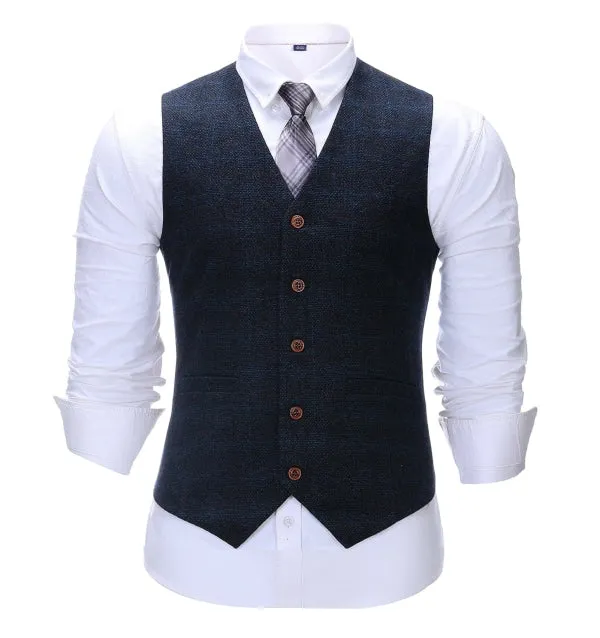 Men's Business 3 Pieces Formal Navy Tweed Notch Lapel Suit (Blazer vest Pants)