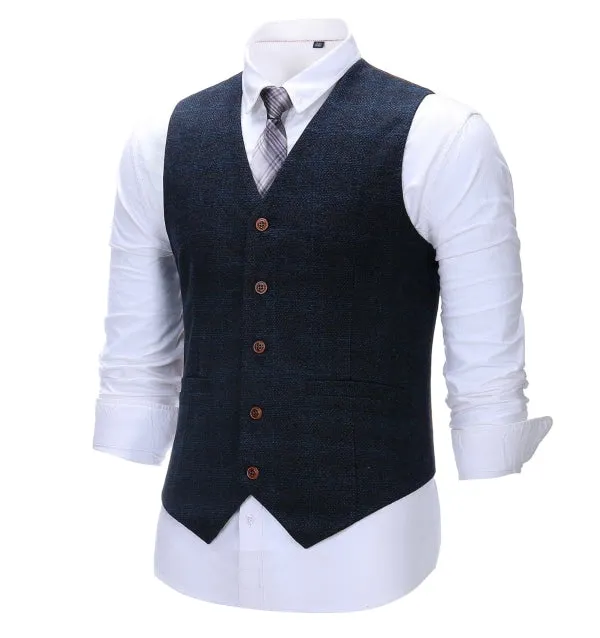 Men's Business 3 Pieces Formal Navy Tweed Notch Lapel Suit (Blazer vest Pants)